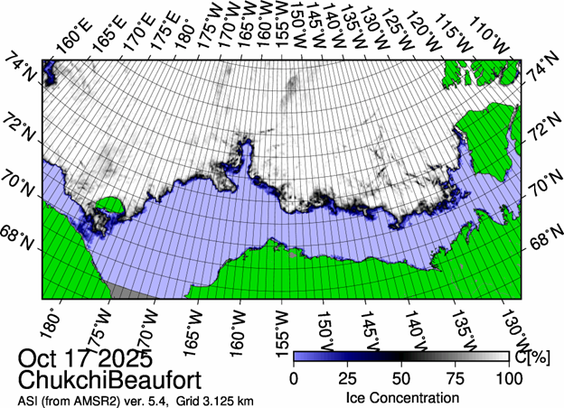 Dispatch31Figure1 Figure 1: The most recent sea ice concentration map for the Beaufort and Chukchi Seas (Source: https://data.seaice.uni-bremen.de/databrowser/).
