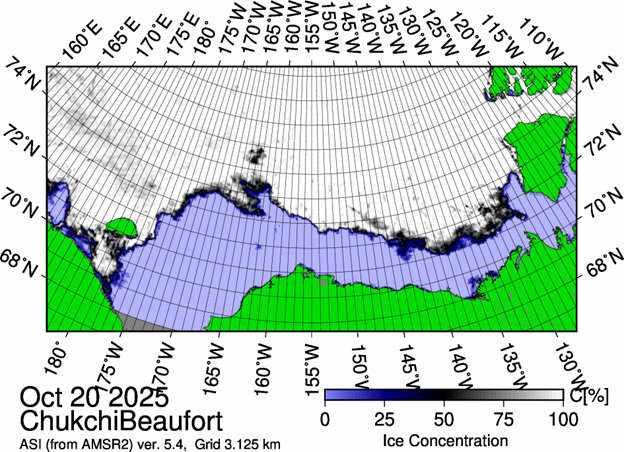 Dispatch34Figure1 Figure 1: The most recent sea ice concentration map for the Beaufort and Chukchi Seas (Source: https://data.seaice.uni-bremen.de/databrowser/).