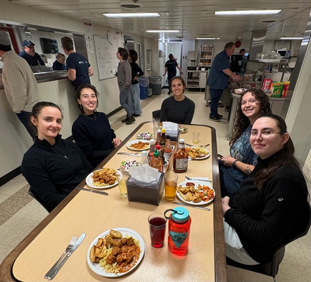 Dispatch34Photo3 Photo 3: Last lunch on the Louis! Shown here are (left to right) Annabel Payne, Marguerite Larriere, Jennifer Kosty, Collette Leclerc, and Magali Pucet. Photo by Dominique Baker.
