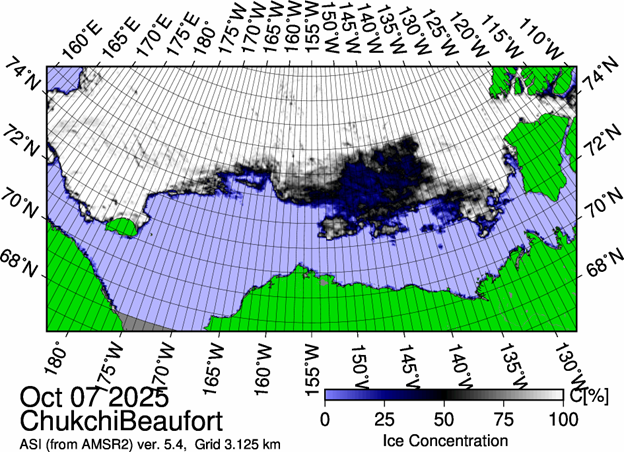 Picture1 Figure 1: The most recent sea ice concentration map for the Beaufort and Chukchi Seas (Source: https://data.seaice.uni-bremen.de/databrowser/).