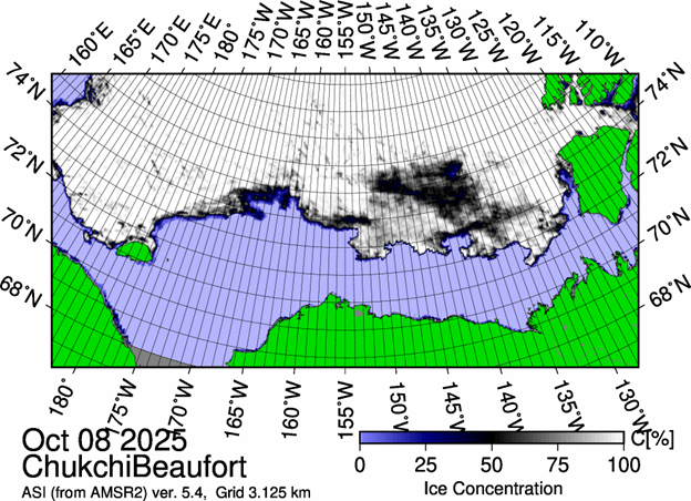 Picture1 Figure 1: The most recent sea ice concentration map for the Beaufort and Chukchi Seas (Source: https://data.seaice.uni-bremen.de/databrowser/).