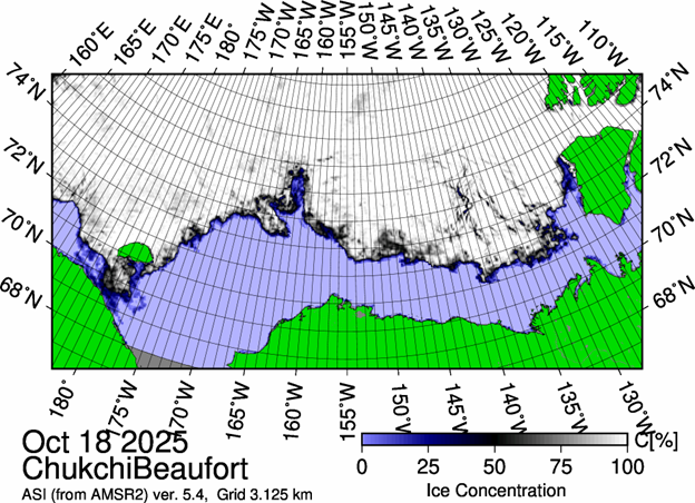 Picture1 Figure 1: The most recent sea ice concentration map for the Beaufort and Chukchi Seas (Source: https://data.seaice.uni-bremen.de/databrowser/).