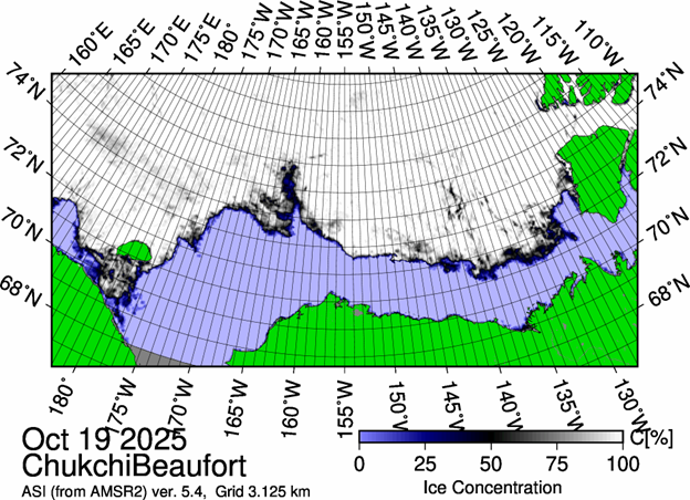 Picture1 Figure 1: The most recent sea ice concentration map for the Beaufort and Chukchi Seas (Source: https://data.seaice.uni-bremen.de/databrowser/).