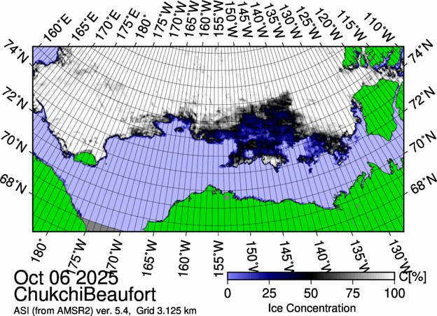 Picture1 Figure 1: The most recent sea ice concentration map for the Beaufort and Chukchi Seas (Source: https://data.seaice.uni-bremen.de/databrowser/).