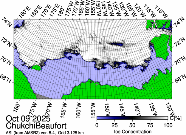 Picture11 Figure 1: The most recent sea ice concentration map for the Beaufort and Chukchi Seas (Source: https://data.seaice.uni-bremen.de/databrowser/).