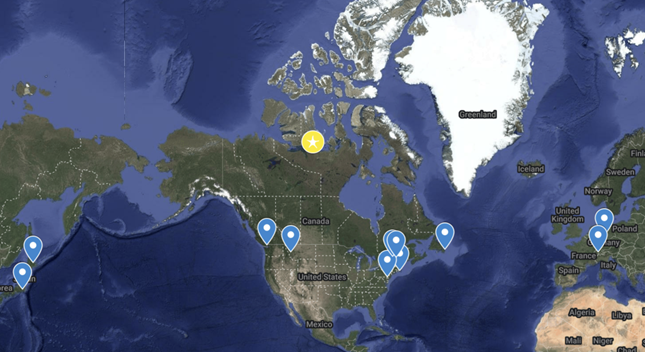 Picture4 Figure 3: Locations where samples/equipment are being shipped (blue markers) after we arrive in Cambridge Bay (yellow marker).