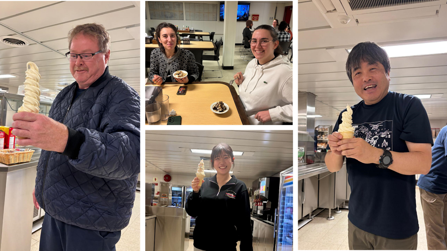 Picture7 Photo 5: Ice cream night! Shown here are First Officer David Critch (left), Marguerite Larriere and Magali Pucet (upper middle), Tsukushi Komura (bottom middle), and Kazu Tateyama (right).
