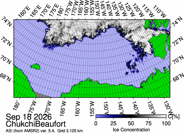The most recent sea ice concentration map for the Beaufort and Chukchi Seas (Source: https://data.seaice.uni-bremen.de/databrowser/). 