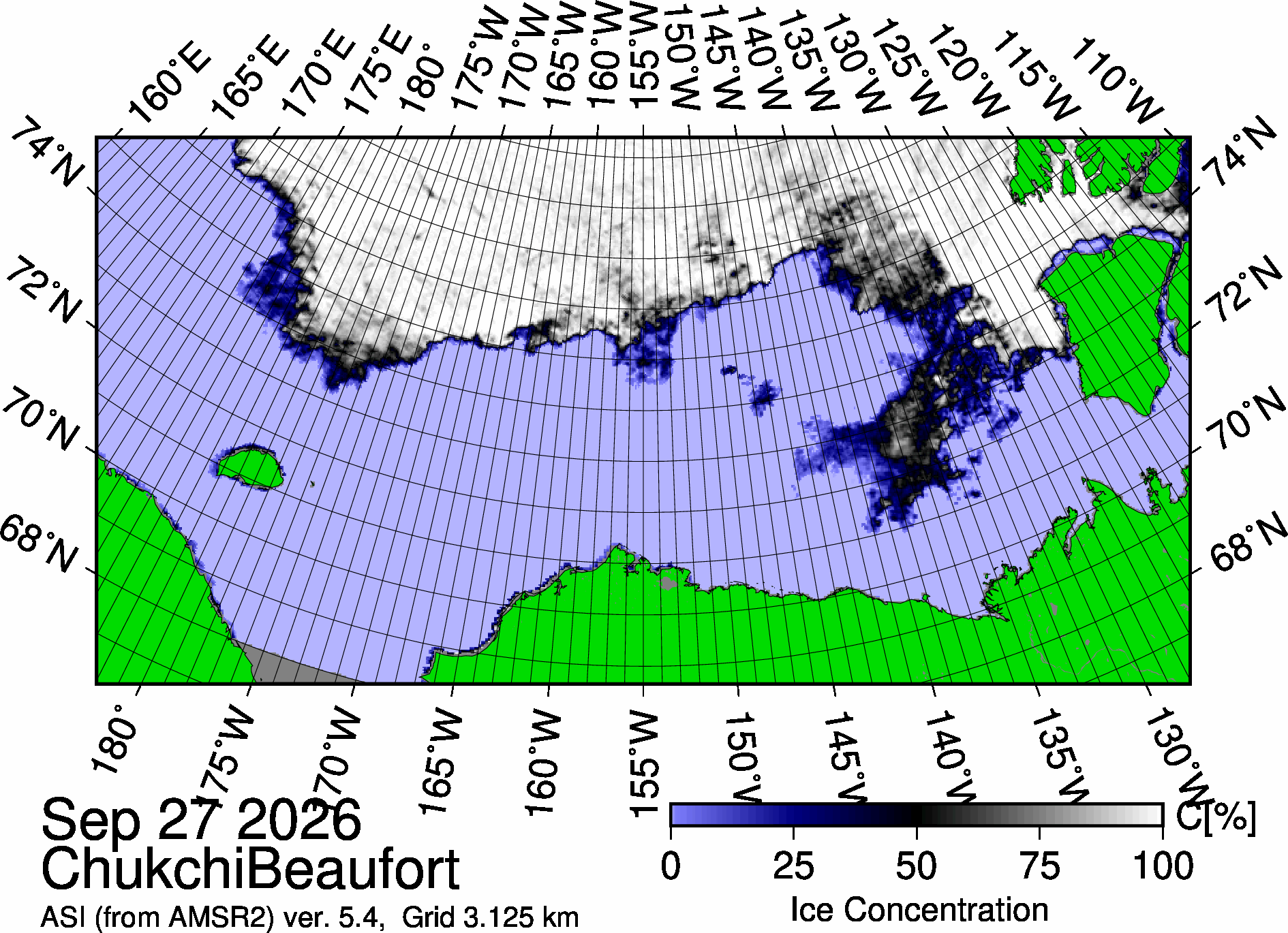 The most recent sea ice concentration map for the Beaufort and Chukchi Seas (Source: https://data.seaice.uni-bremen.de/databrowser/). 