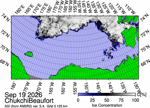 The most recent sea ice concentration map for the Beaufort and Chukchi Seas (Source: https://data.seaice.uni-bremen.de/databrowser/). 