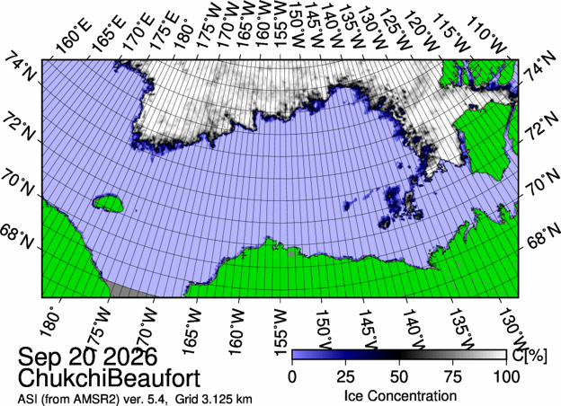 The most recent sea ice concentration map for the Beaufort and Chukchi Seas (Source: https://data.seaice.uni-bremen.de/databrowser/). 