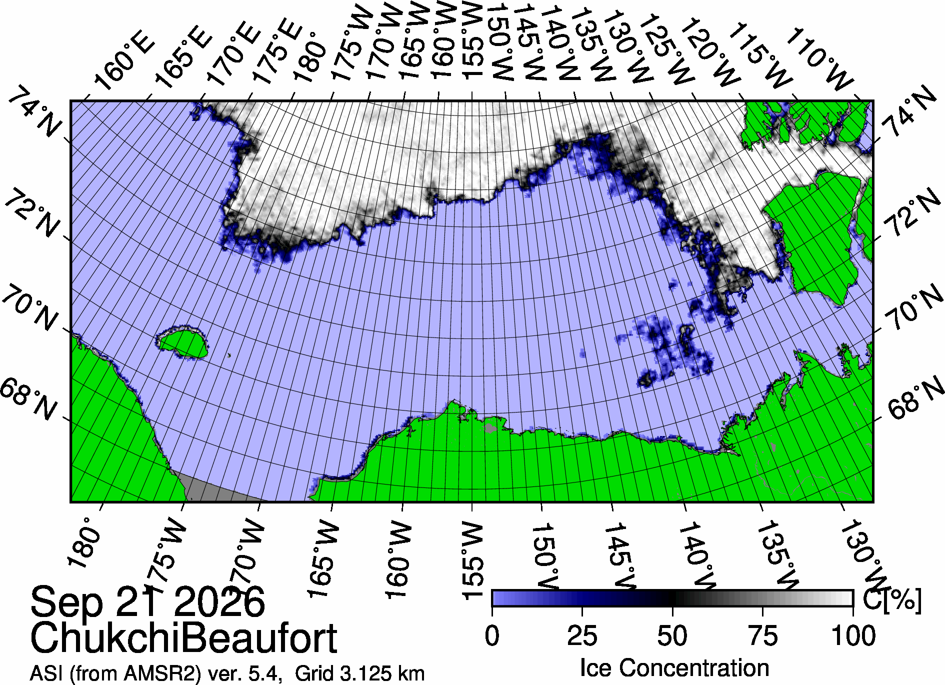 The most recent sea ice concentration map for the Beaufort and Chukchi Seas (Source: https://data.seaice.uni-bremen.de/databrowser/). 
