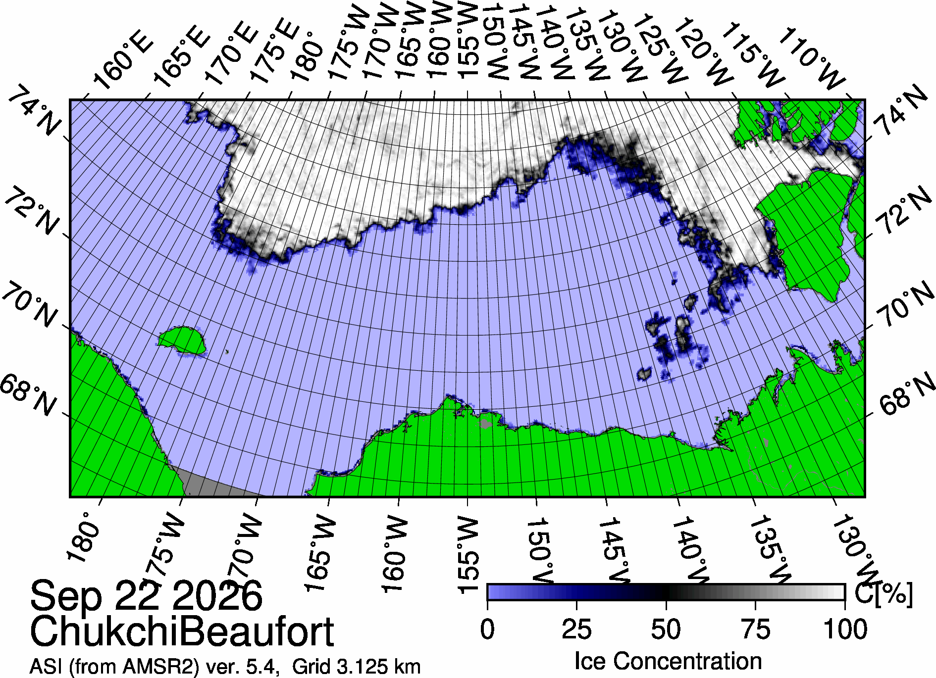 The most recent sea ice concentration map for the Beaufort and Chukchi Seas (Source: https://data.seaice.uni-bremen.de/databrowser/). 