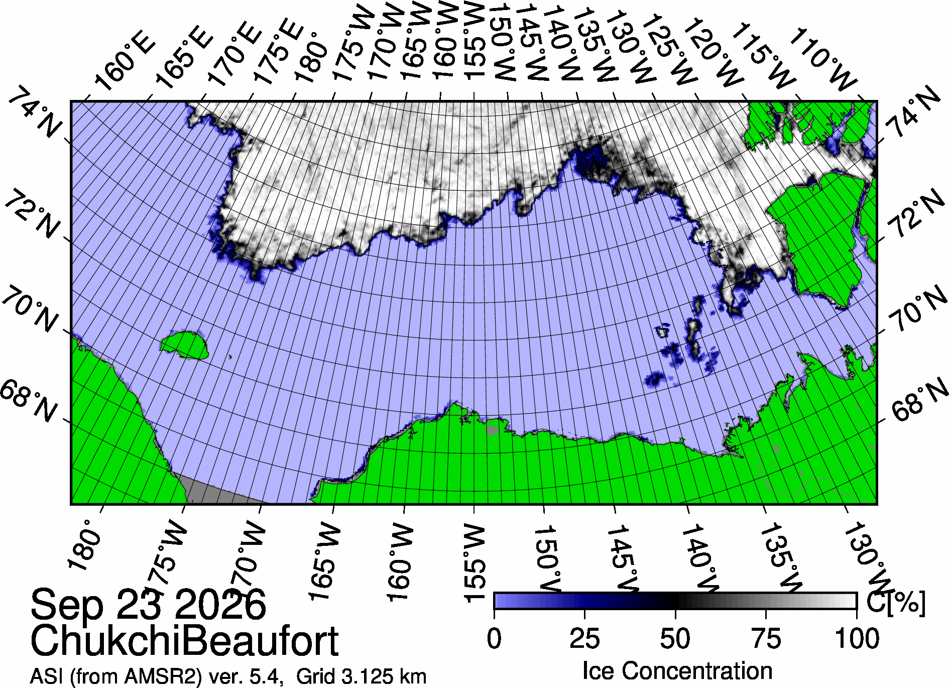 The most recent sea ice concentration map for the Beaufort and Chukchi Seas (Source: https://data.seaice.uni-bremen.de/databrowser/). 
