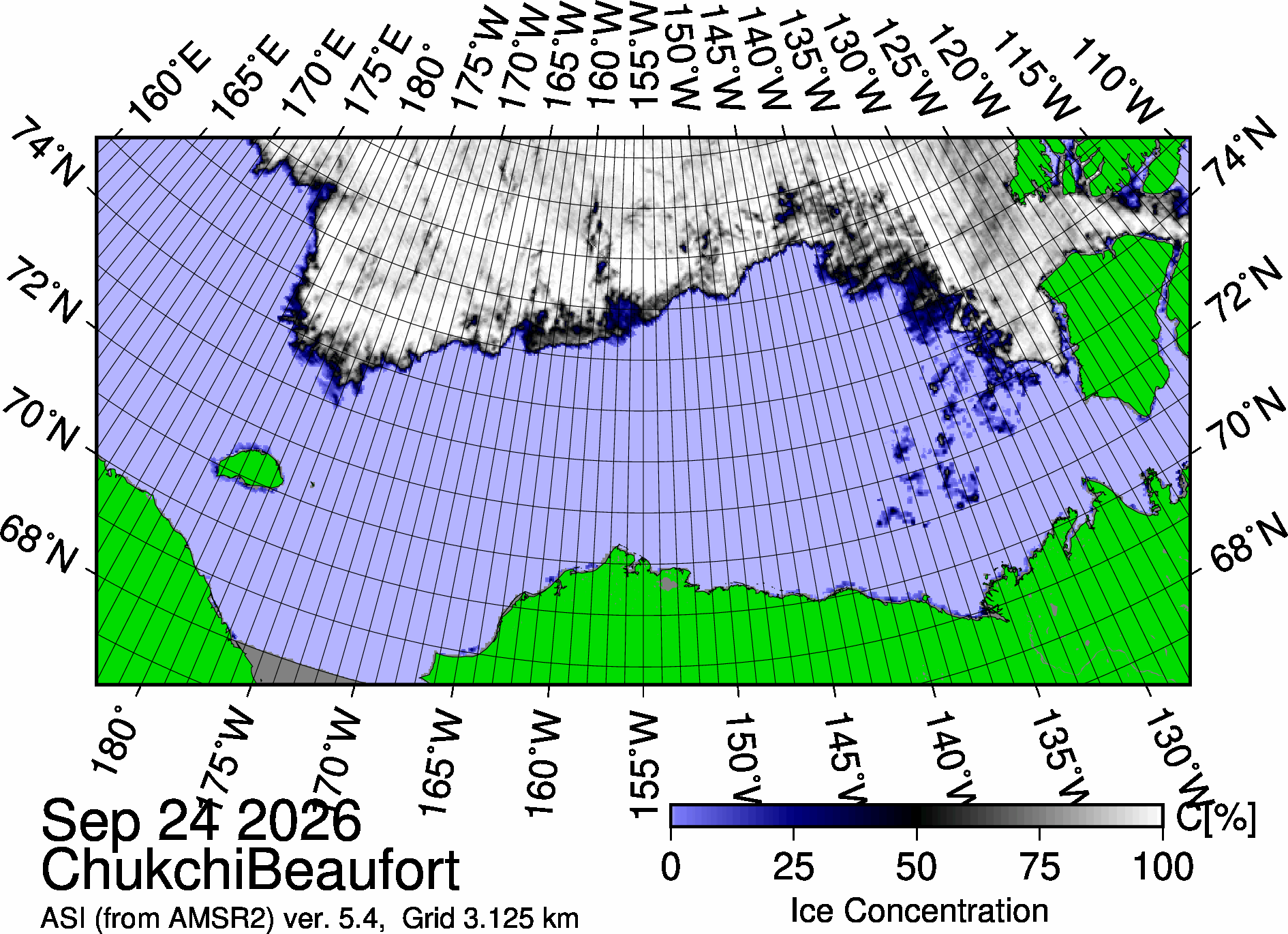 The most recent sea ice concentration map for the Beaufort and Chukchi Seas (Source: https://data.seaice.uni-bremen.de/databrowser/). 