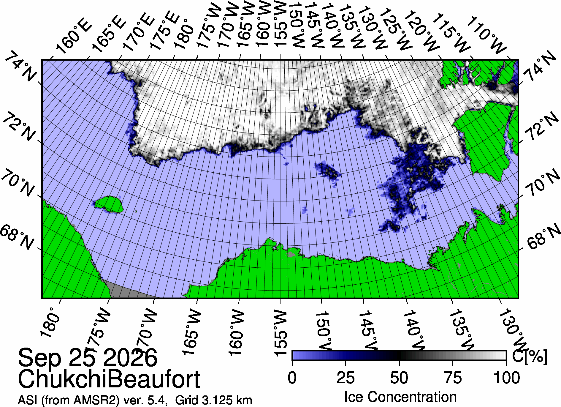 The most recent sea ice concentration map for the Beaufort and Chukchi Seas (Source: https://data.seaice.uni-bremen.de/databrowser/). 