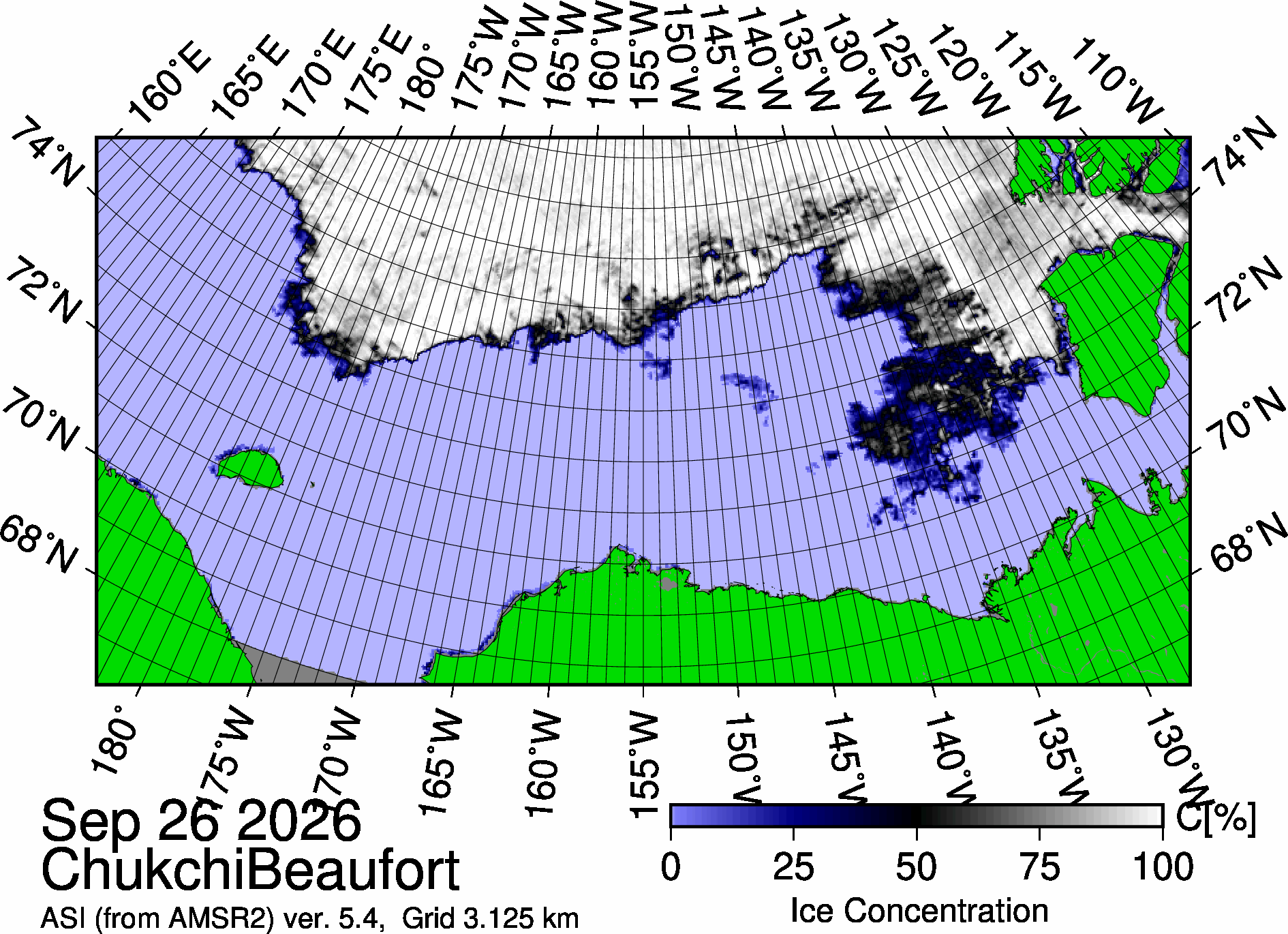 The most recent sea ice concentration map for the Beaufort and Chukchi Seas (Source: https://data.seaice.uni-bremen.de/databrowser/). 