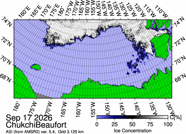 The most recent sea ice concentration map for the Beaufort and Chukchi Seas (Source: https://data.seaice.uni-bremen.de/databrowser/). 