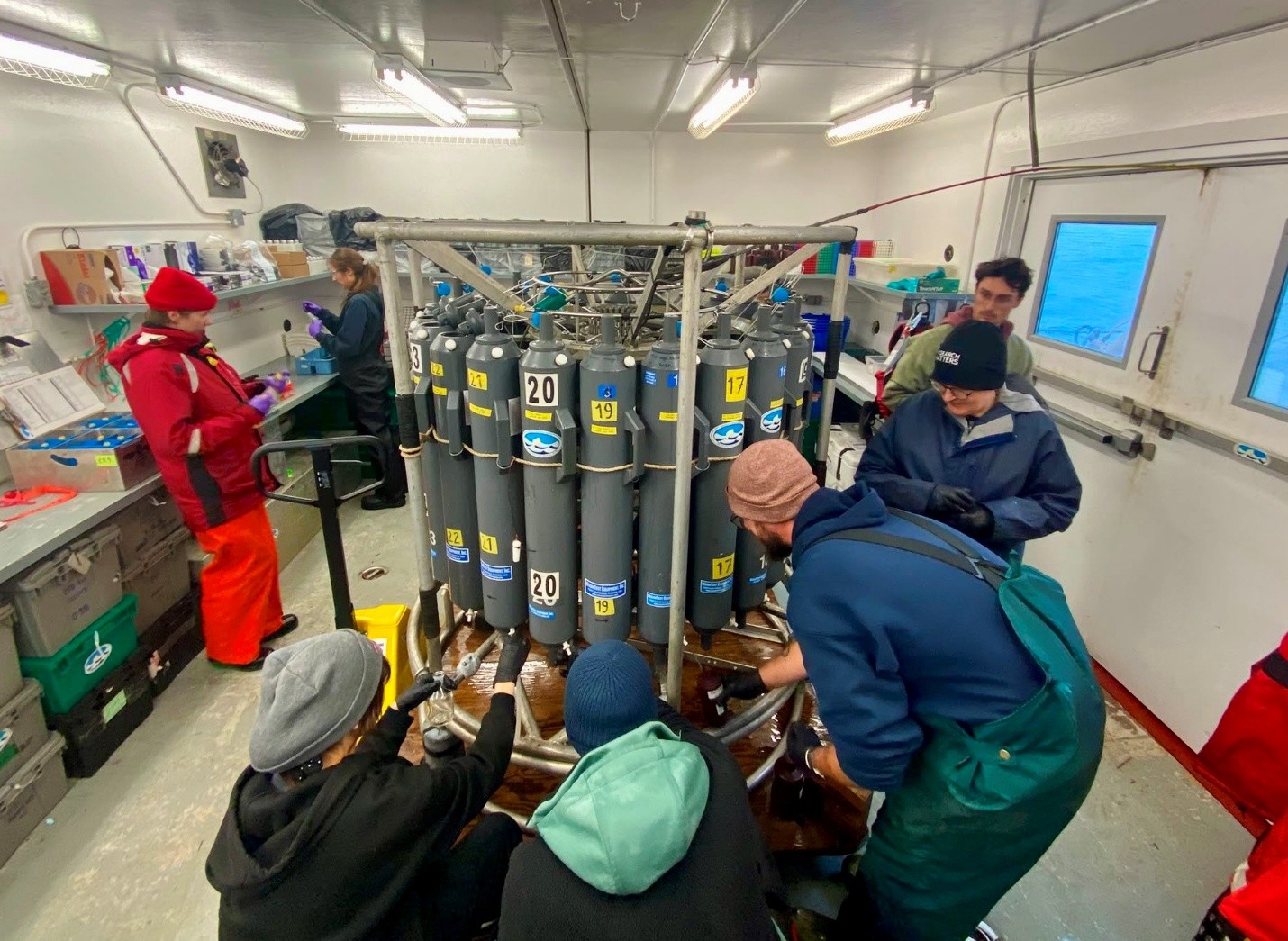 Collecting water samples in the rosette lab after yesterday's cast at AG5. Photo by Collette Leclerc.