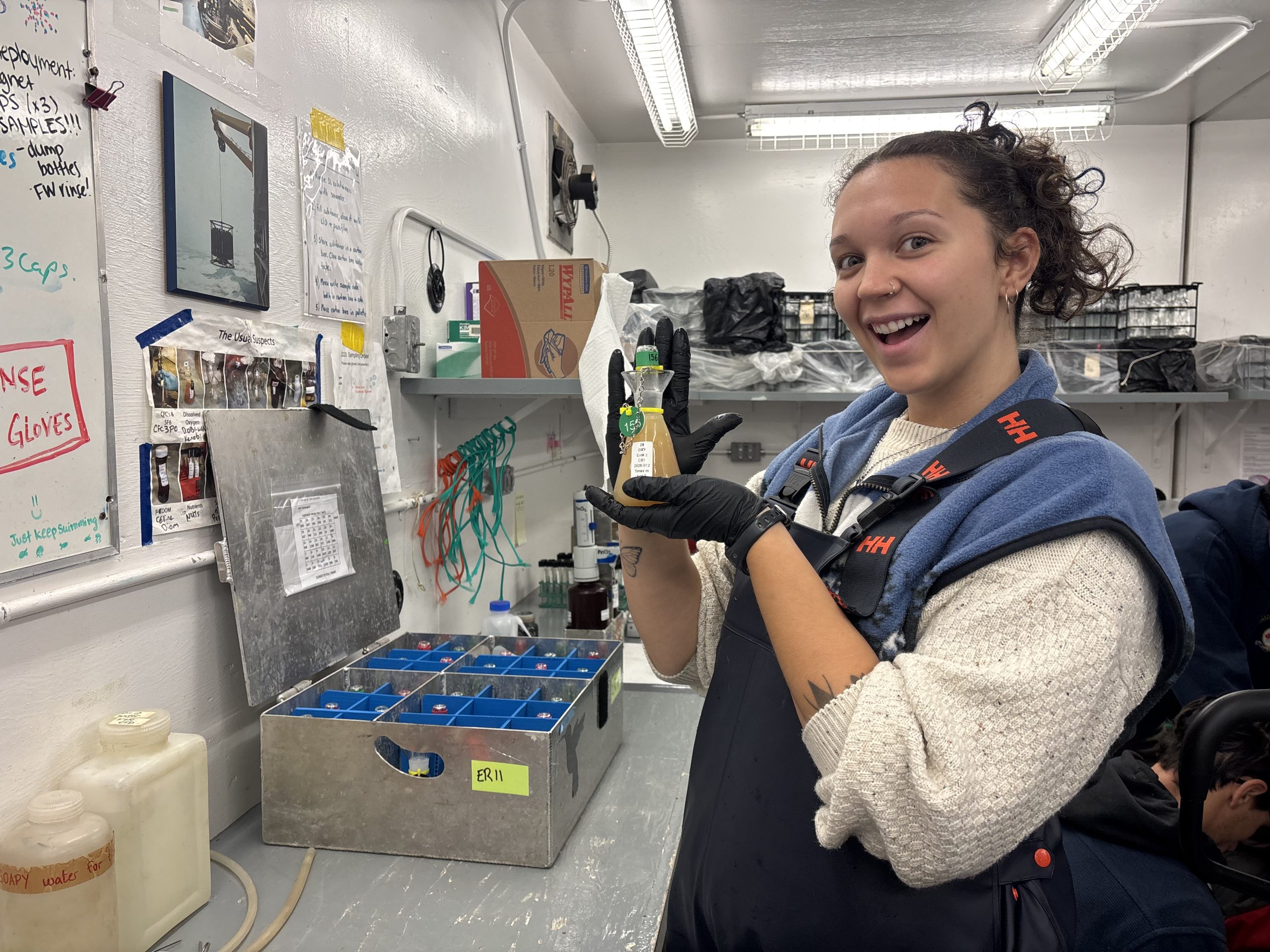 Collette Leclerc preserving dissolved oxygen water samples. Photo by Jennifer Kosty.