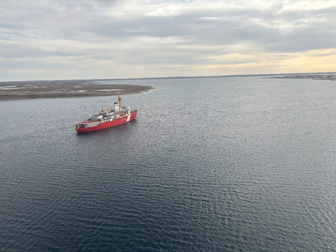 The CCGS Louis S. St-Laurent (LSSL) stationed in Cambridge Bay, as pictured during the helicopter transit aboard. Photo by Jennifer Kosty. 
