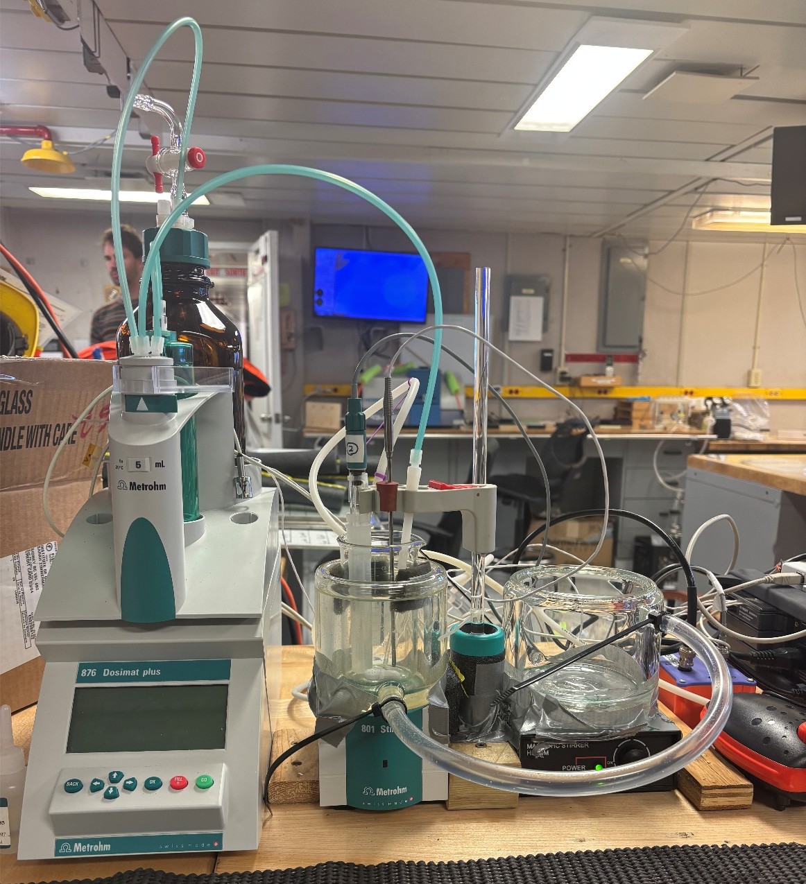 The alkalinity measuring-system in the main lab. Photo by Jennifer Kosty. 