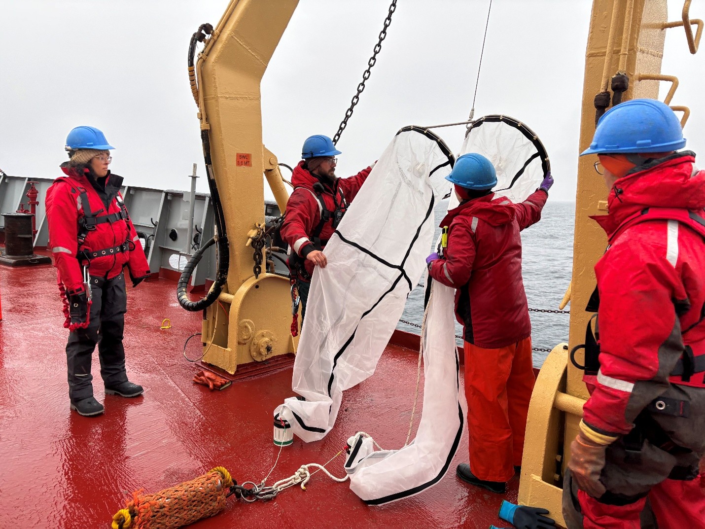 Chris Clarke and Chloe Immonen preparing to collect a zooplankton sample at AG5 using the Bongo nets. Photo by Jennifer Kosty. 