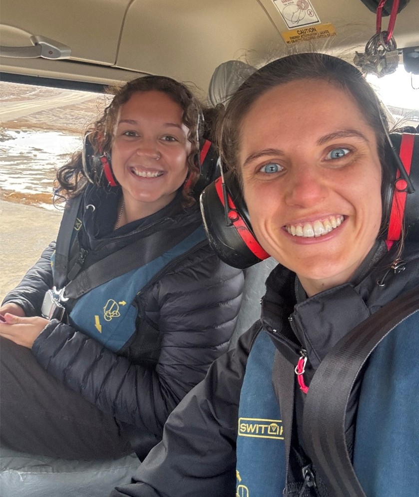 Collette Leclerc (left) and Jennifer Kosty (right) pictured during the short helicopter ride to the Louis. Photo by Jennifer Kosty. 