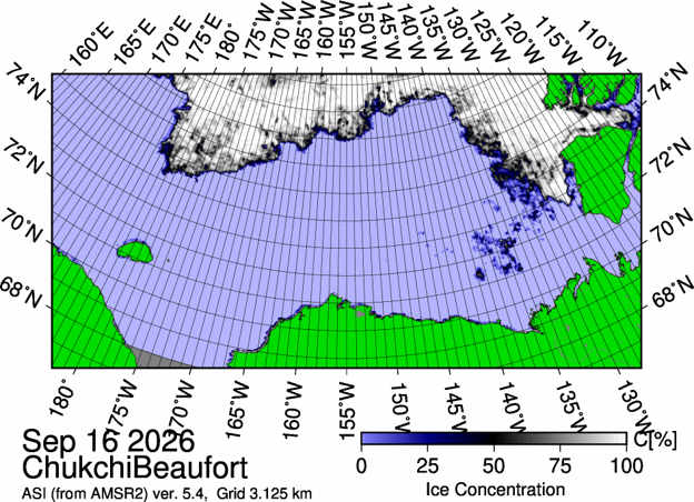  
Figure 1: The most recent sea ice concentration map for the Beaufort and Chukchi Seas (Source: https://data.seaice.uni-bremen.de/databrowser/). 
