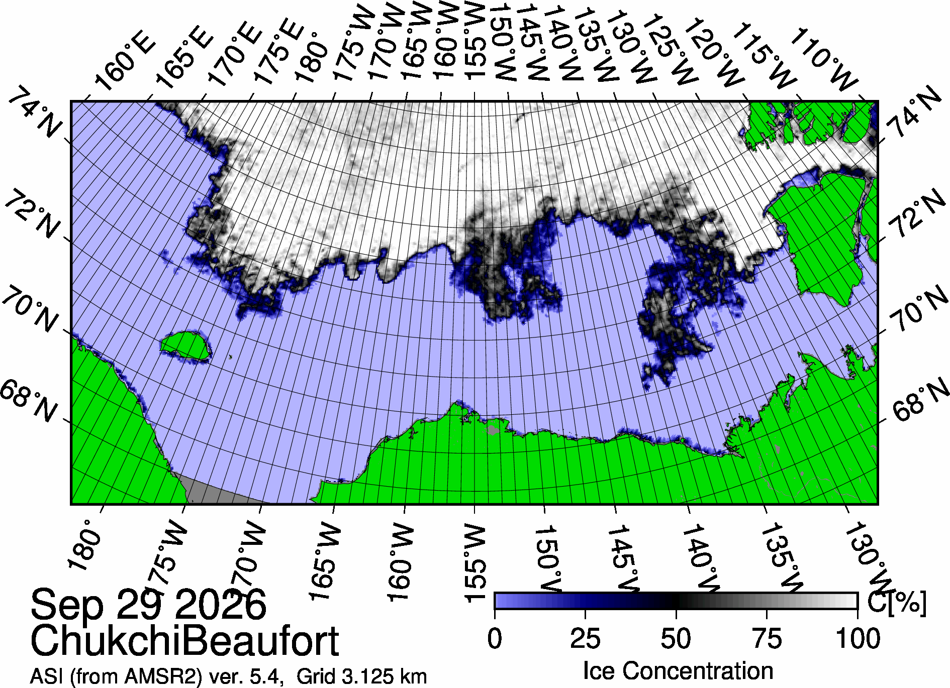 The most recent sea ice concentration map for the Beaufort and Chukchi Seas (Source: https://data.seaice.uni-bremen.de/databrowser/). 