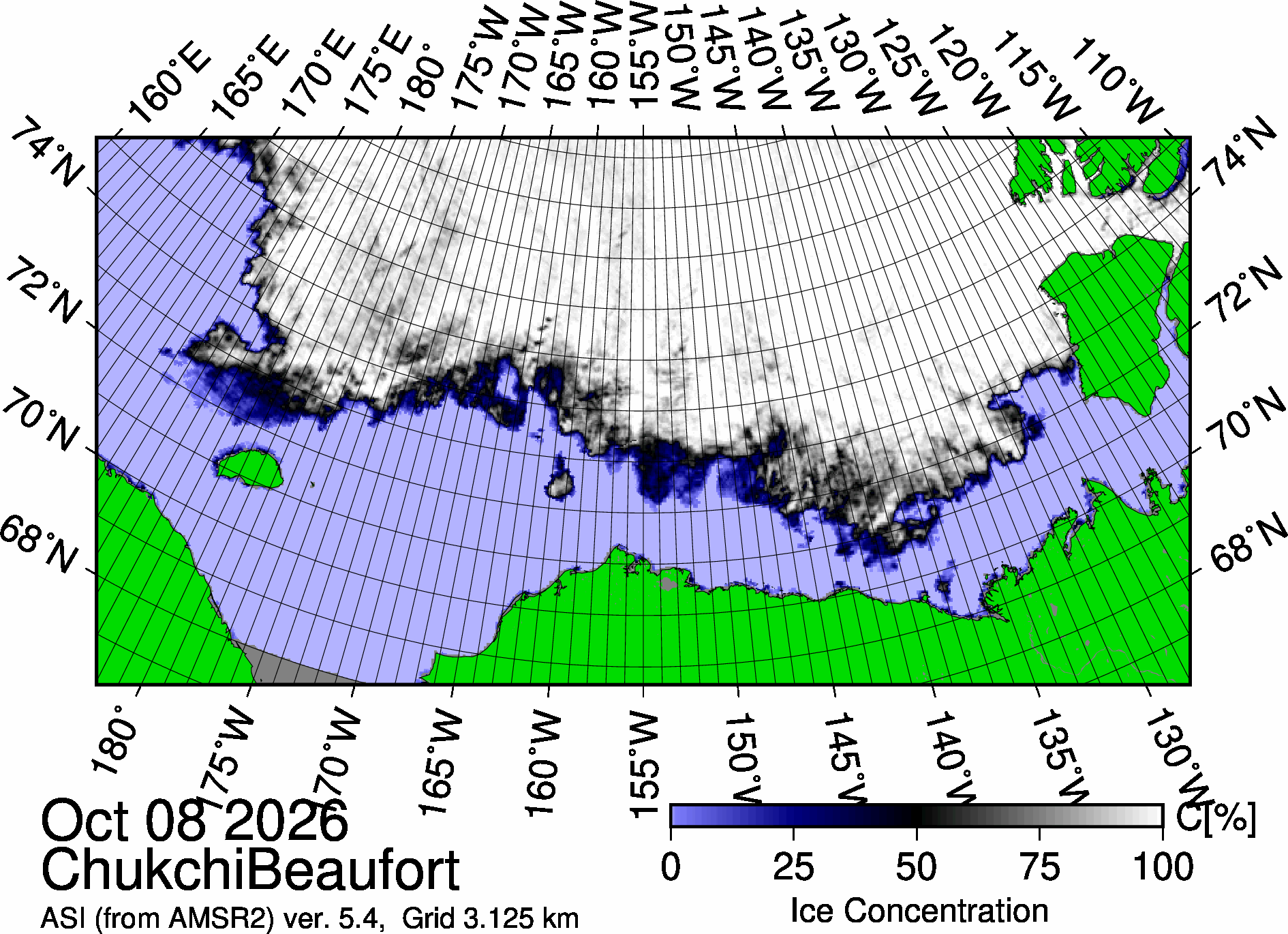 The most recent sea ice concentration map for the Beaufort and Chukchi Seas (Source: https://data.seaice.uni-bremen.de/databrowser/). 