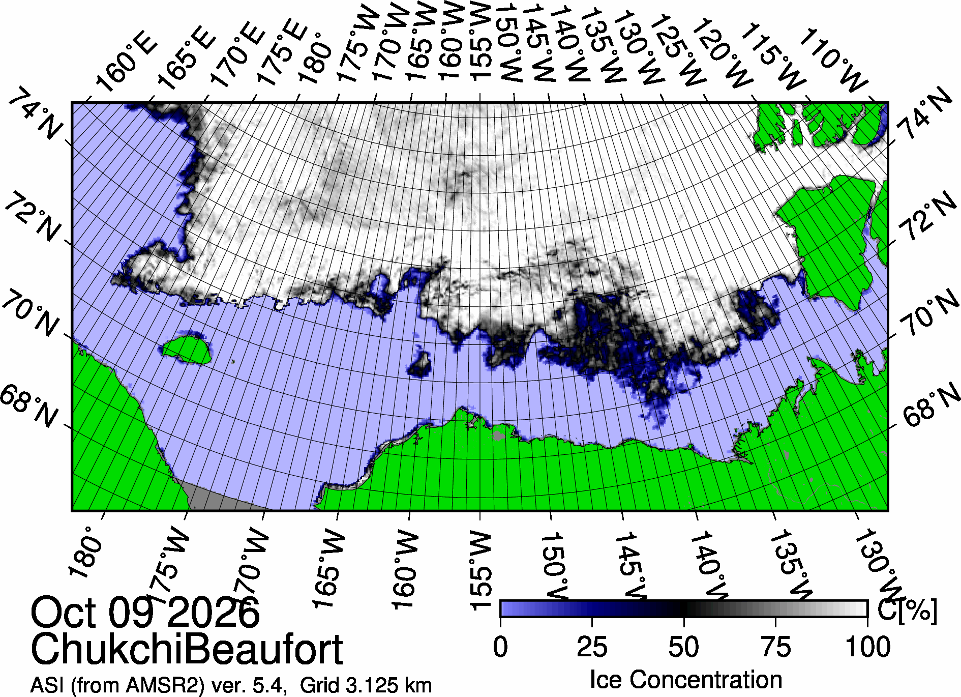 The most recent sea ice concentration map for the Beaufort and Chukchi Seas (Source: https://data.seaice.uni-bremen.de/databrowser/). 