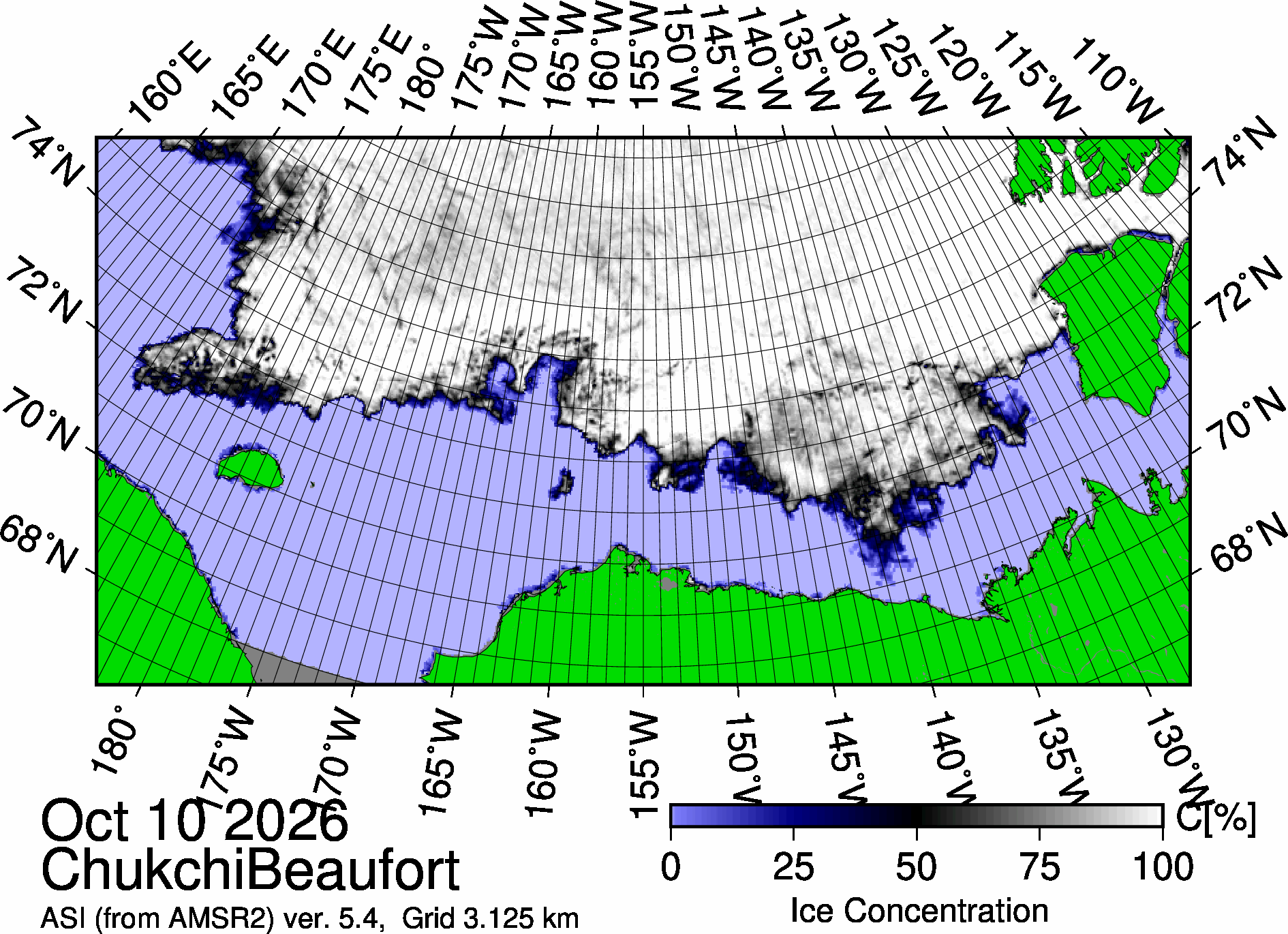 The most recent sea ice concentration map for the Beaufort and Chukchi Seas (Source: https://data.seaice.uni-bremen.de/databrowser/). 