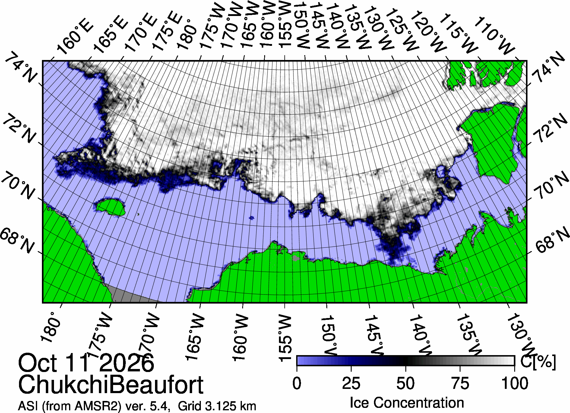 The most recent sea ice concentration map for the Beaufort and Chukchi Seas (Source: https://data.seaice.uni-bremen.de/databrowser/). 