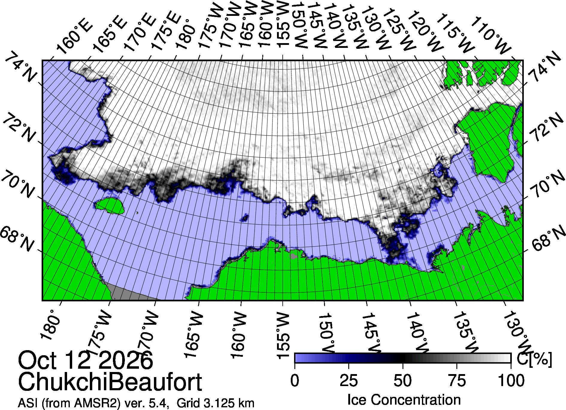 The most recent sea ice concentration map for the Beaufort and Chukchi Seas (Source: https://data.seaice.uni-bremen.de/databrowser/). 