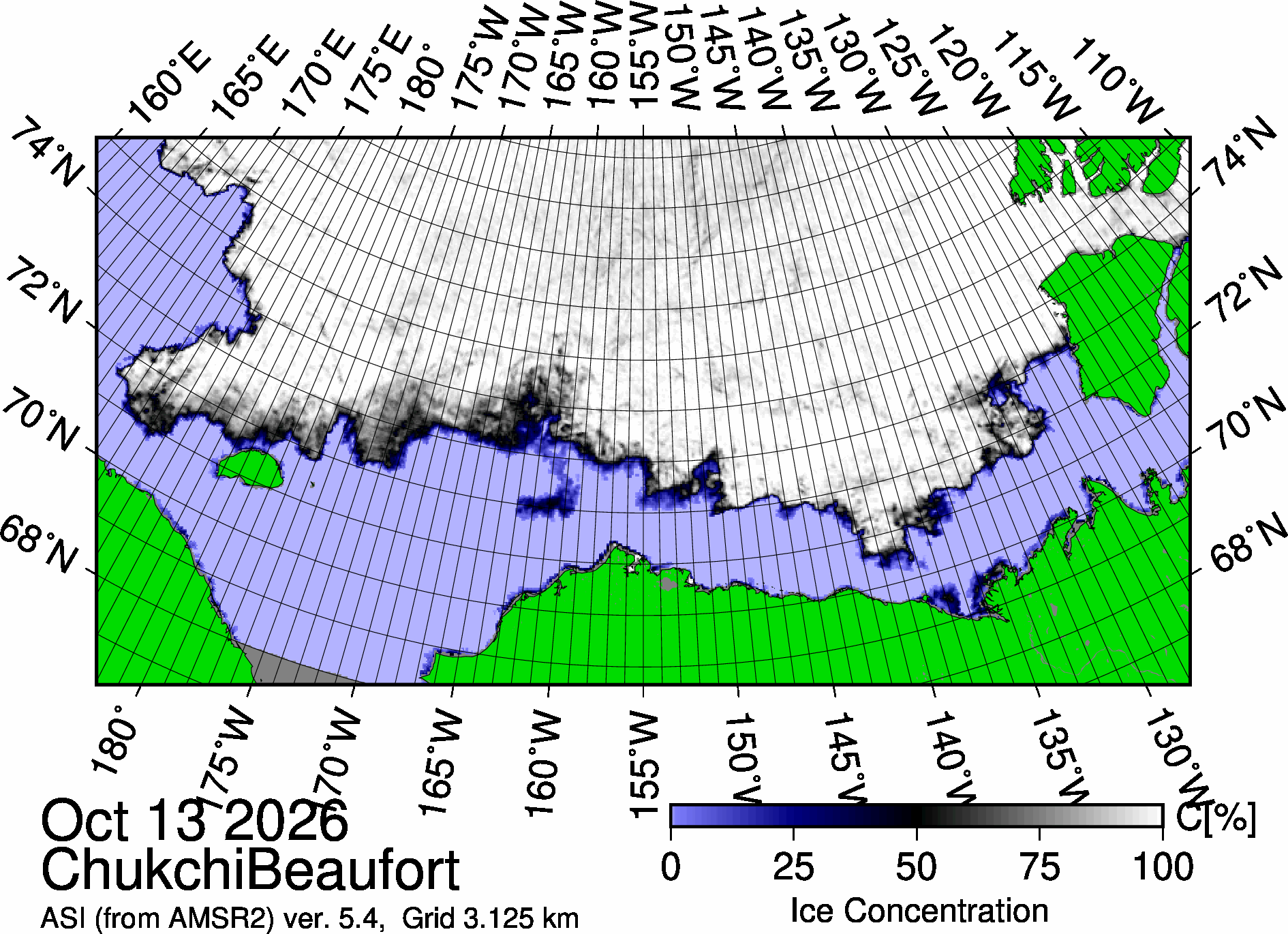 The most recent sea ice concentration map for the Beaufort and Chukchi Seas (Source: https://data.seaice.uni-bremen.de/databrowser/). 