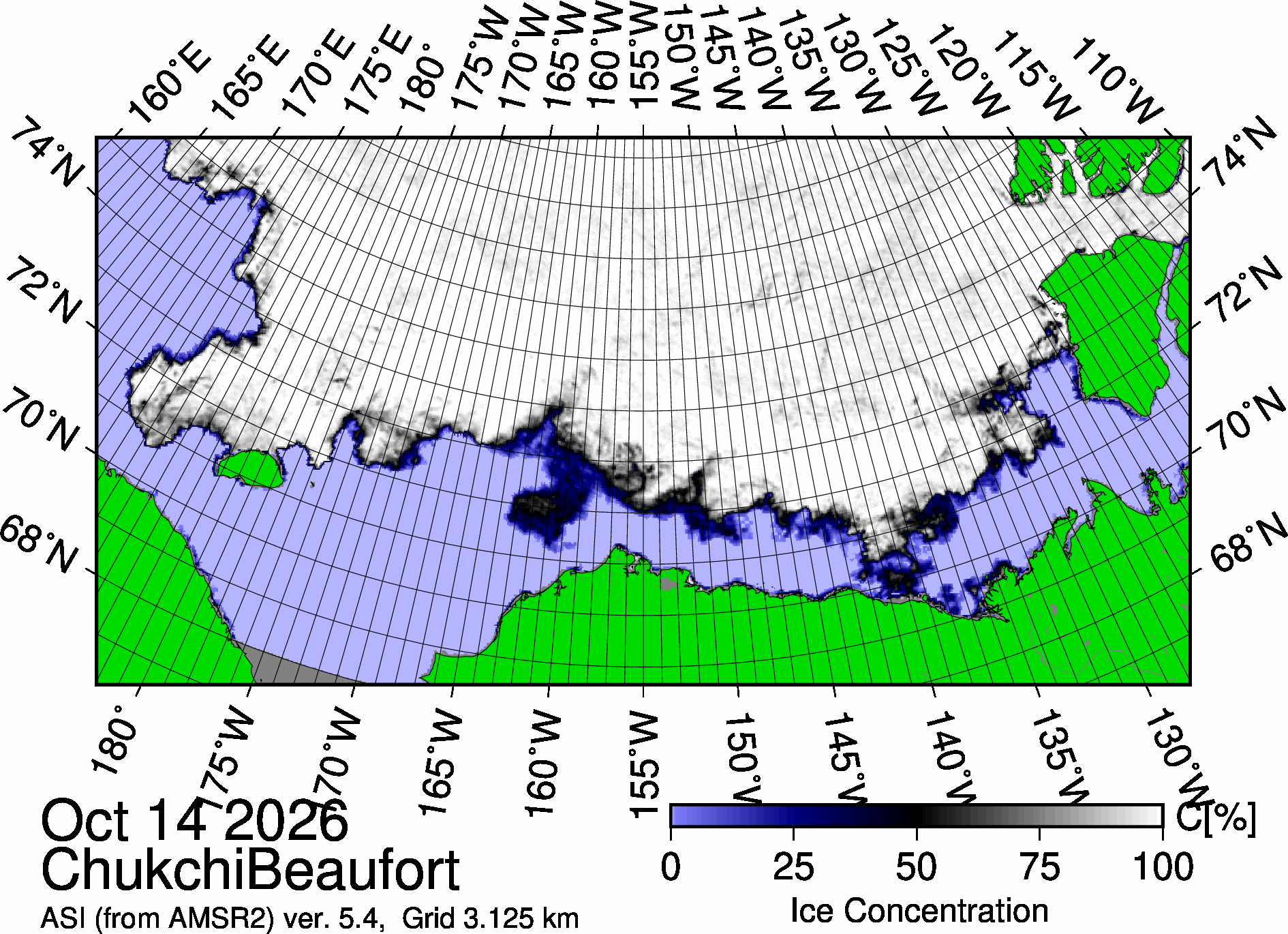 The most recent sea ice concentration map for the Beaufort and Chukchi Seas (Source: https://data.seaice.uni-bremen.de/databrowser/). 
