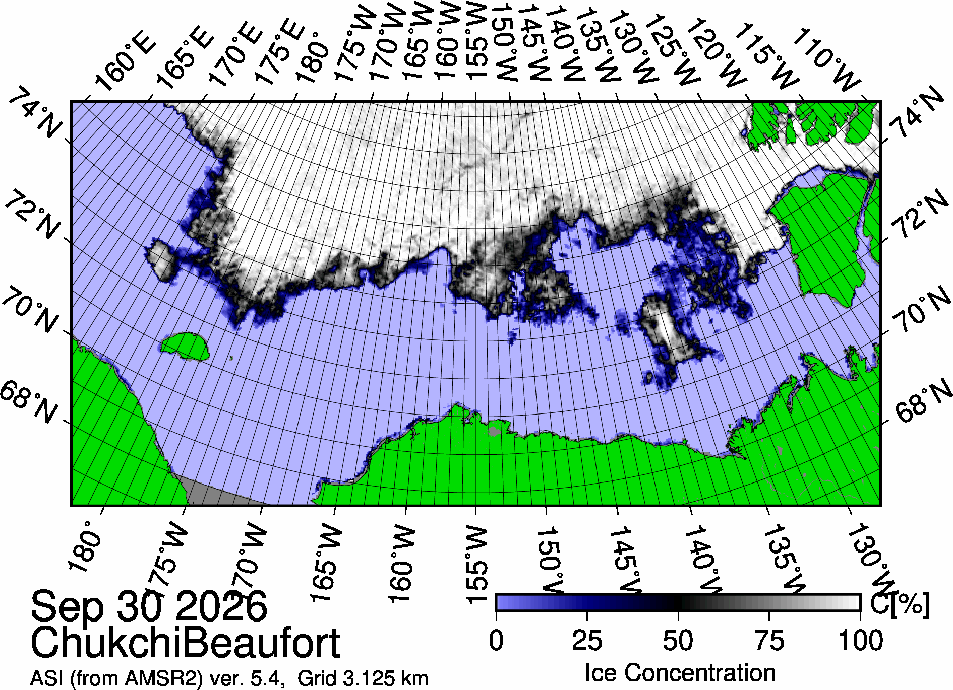 The most recent sea ice concentration map for the Beaufort and Chukchi Seas (Source: https://data.seaice.uni-bremen.de/databrowser/). 