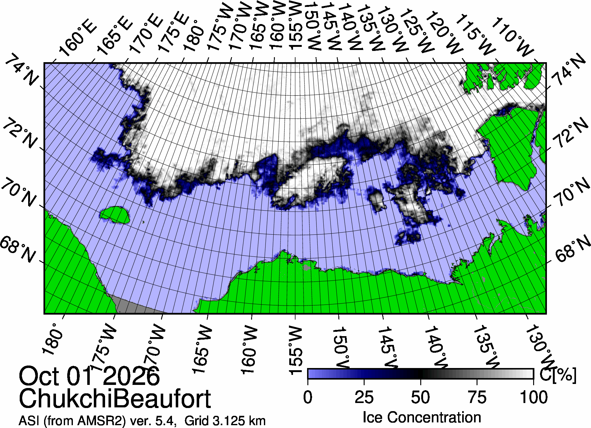 The most recent sea ice concentration map for the Beaufort and Chukchi Seas (Source: https://data.seaice.uni-bremen.de/databrowser/). 