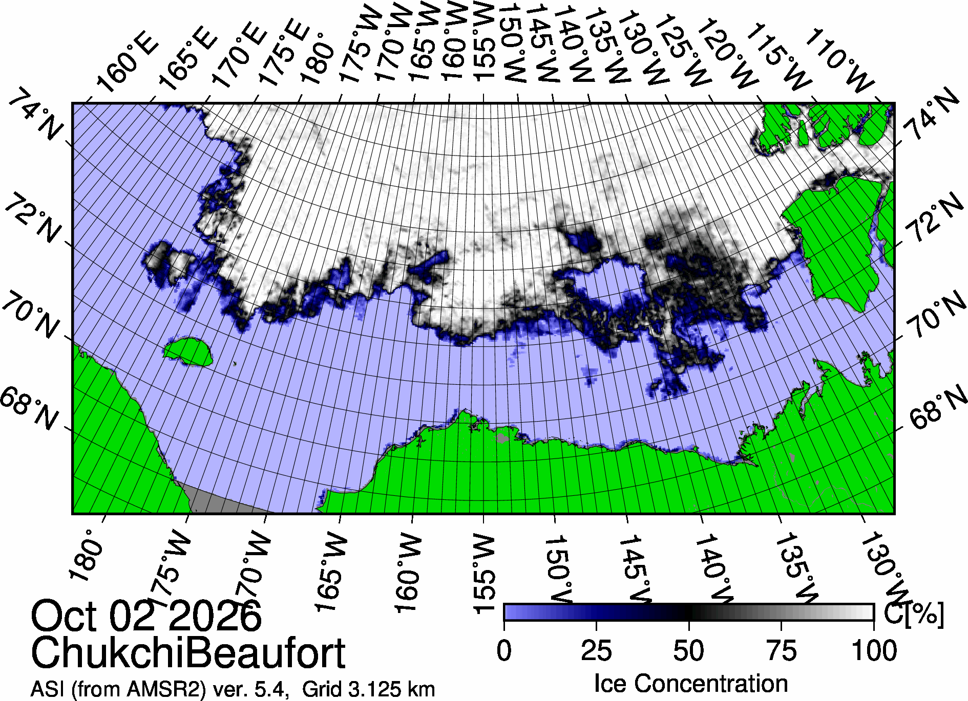 The most recent sea ice concentration map for the Beaufort and Chukchi Seas (Source: https://data.seaice.uni-bremen.de/databrowser/). 