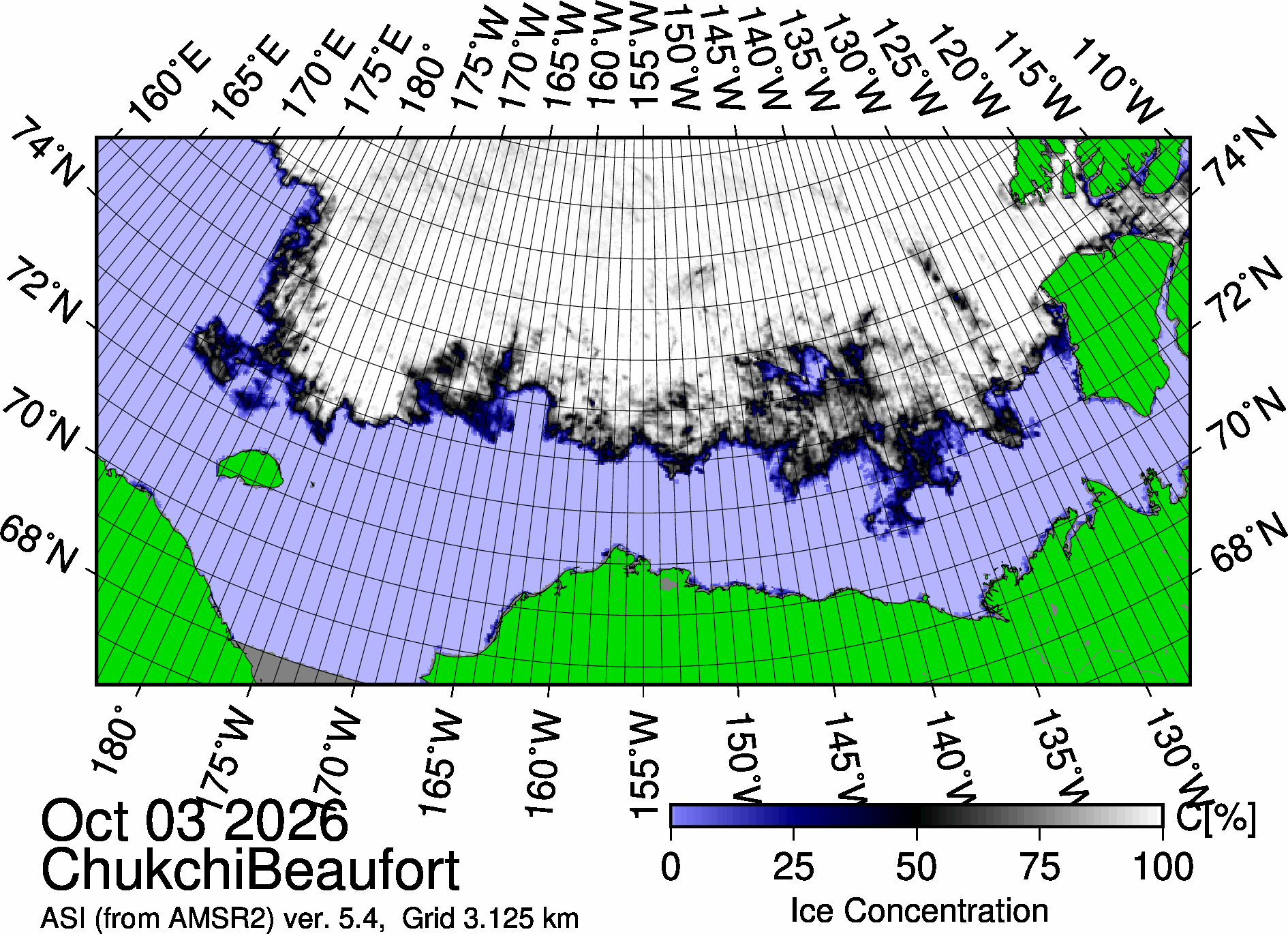 The most recent sea ice concentration map for the Beaufort and Chukchi Seas (Source: https://data.seaice.uni-bremen.de/databrowser/). 