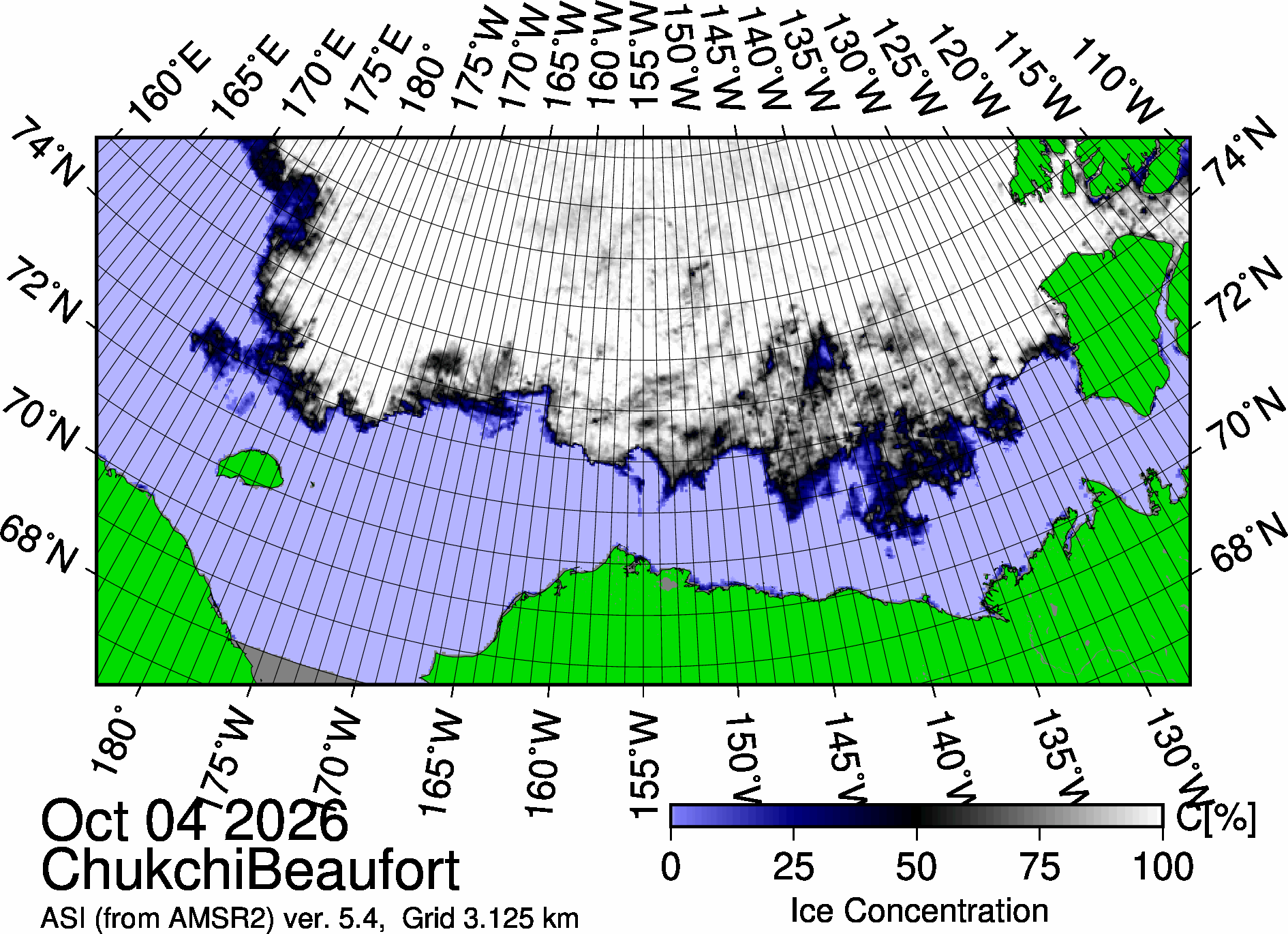 The most recent sea ice concentration map for the Beaufort and Chukchi Seas (Source: https://data.seaice.uni-bremen.de/databrowser/). 