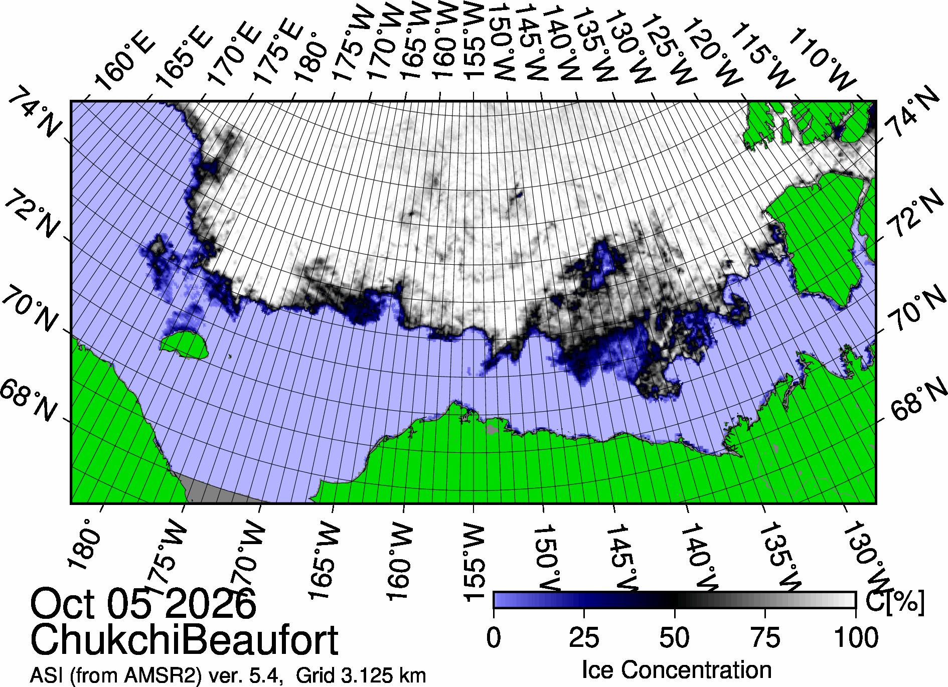 The most recent sea ice concentration map for the Beaufort and Chukchi Seas (Source: https://data.seaice.uni-bremen.de/databrowser/). 