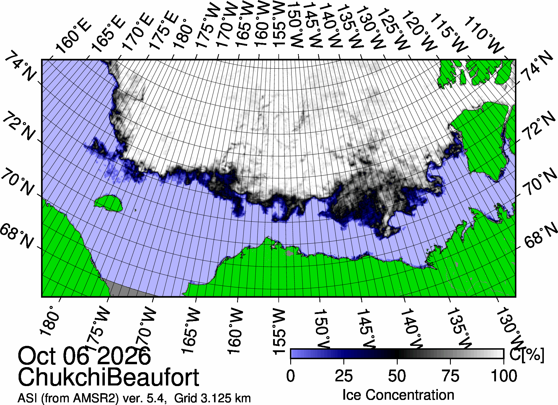 The most recent sea ice concentration map for the Beaufort and Chukchi Seas (Source: https://data.seaice.uni-bremen.de/databrowser/). 