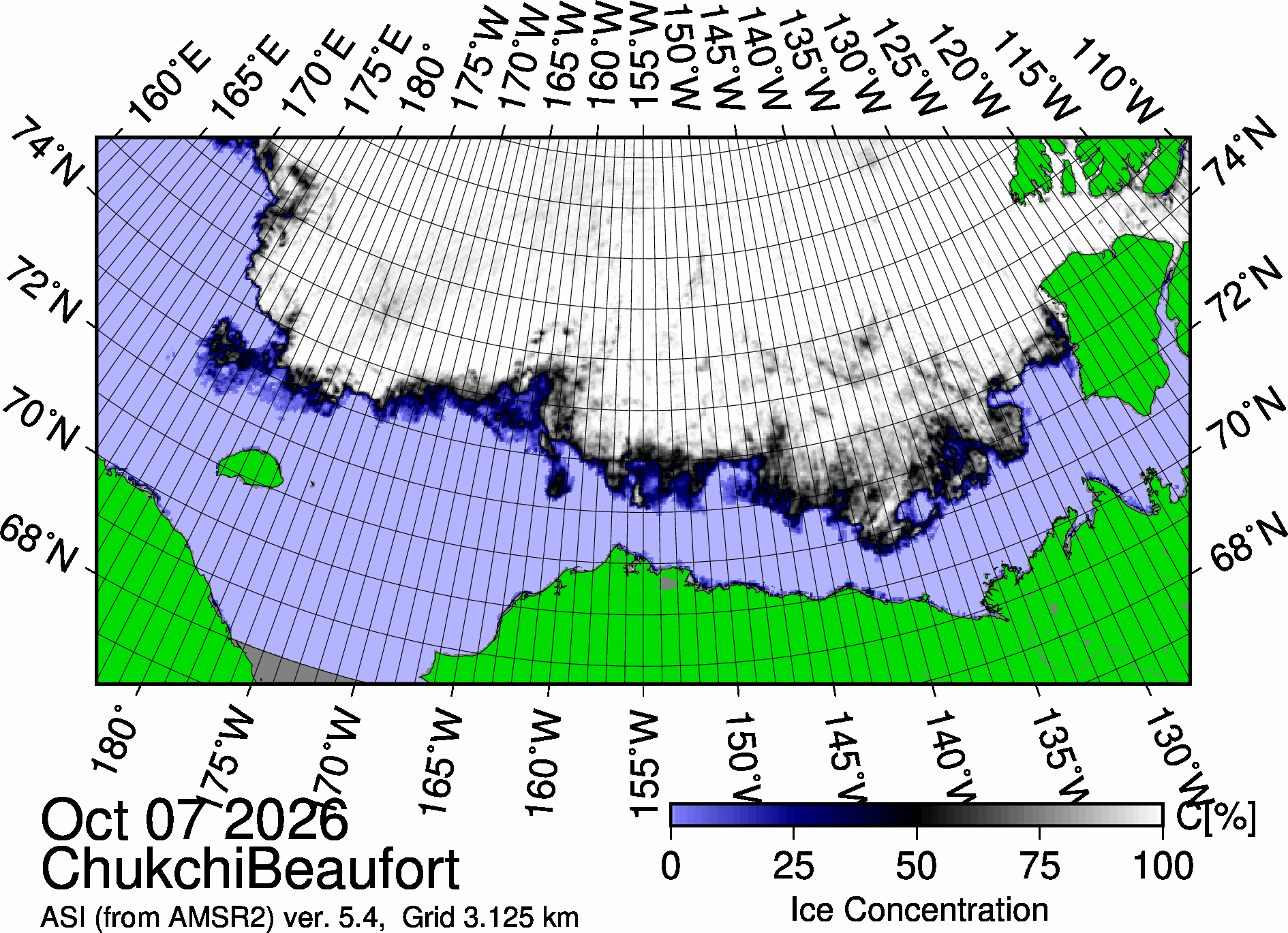 The most recent sea ice concentration map for the Beaufort and Chukchi Seas (Source: https://data.seaice.uni-bremen.de/databrowser/). 