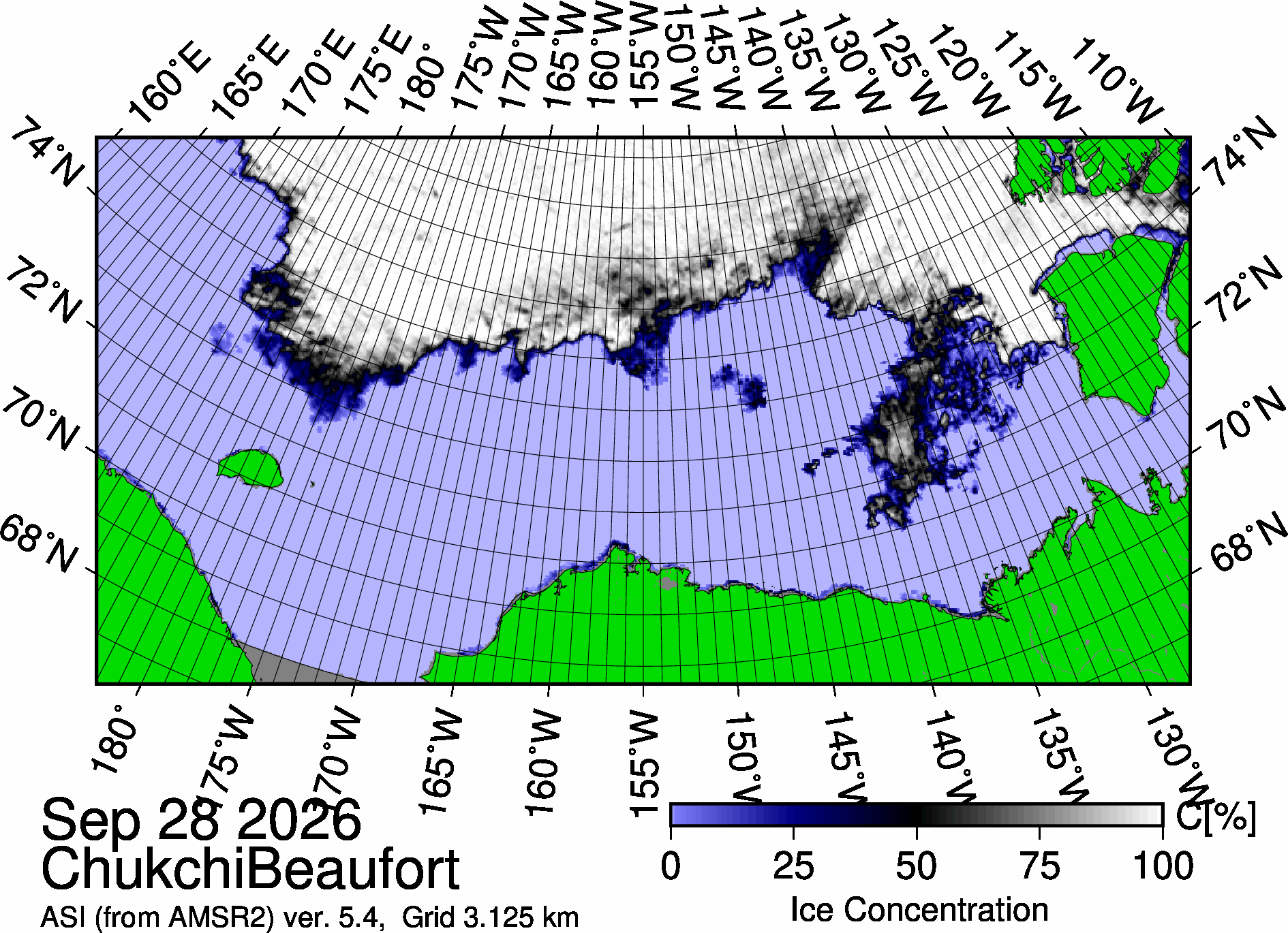 The most recent sea ice concentration map for the Beaufort and Chukchi Seas (Source: https://data.seaice.uni-bremen.de/databrowser/). 