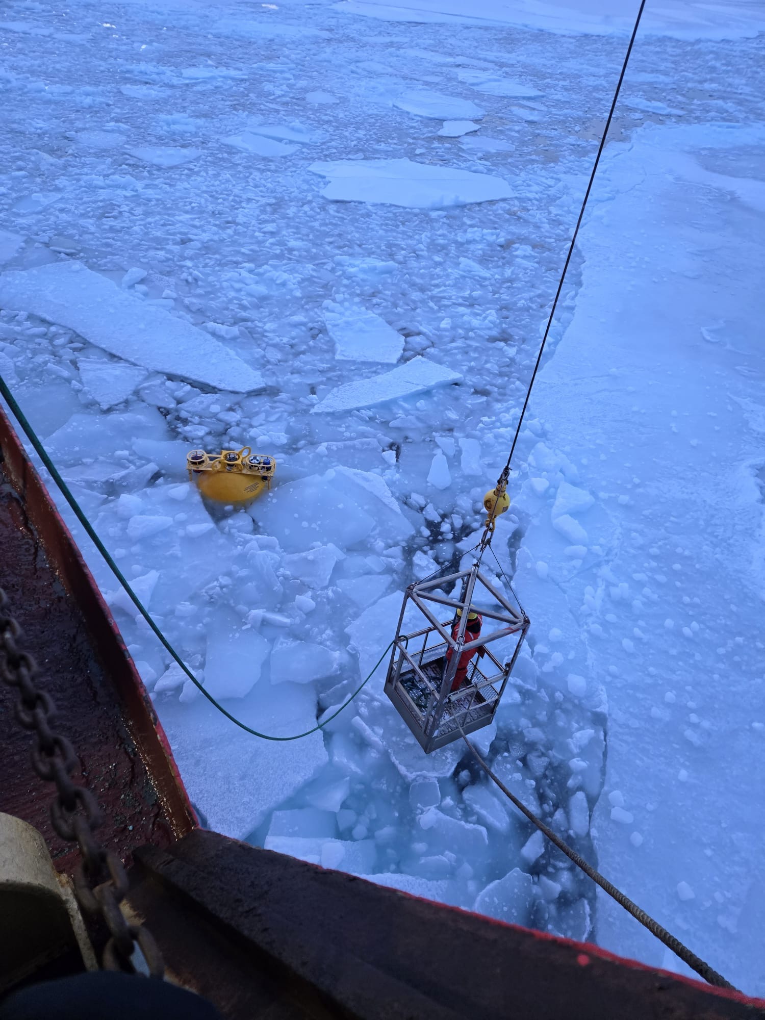 Deckhand Chesley about to hook Mooring A’s top sphere into the winch. Photo by Ashley Monster. 