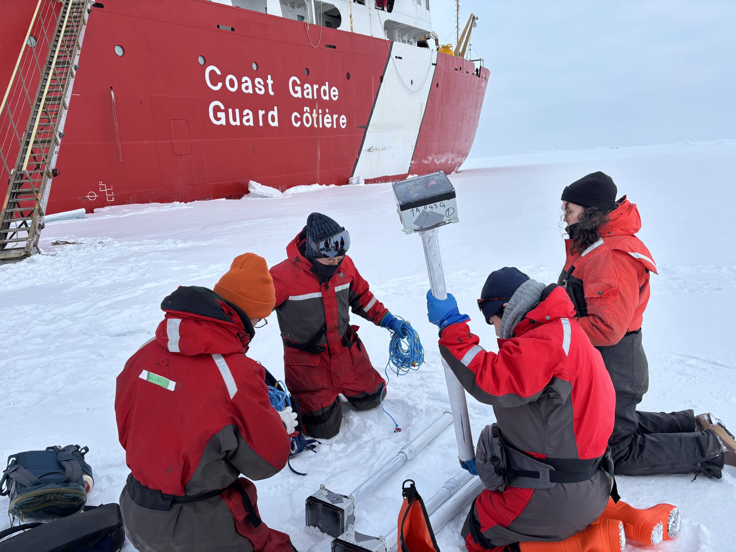 Takuji Waseda and Koya Sato deploying their wave sensor array with the help of Kalum Delaney and Collette Leclerc. Photo by Jennifer Kosty. 