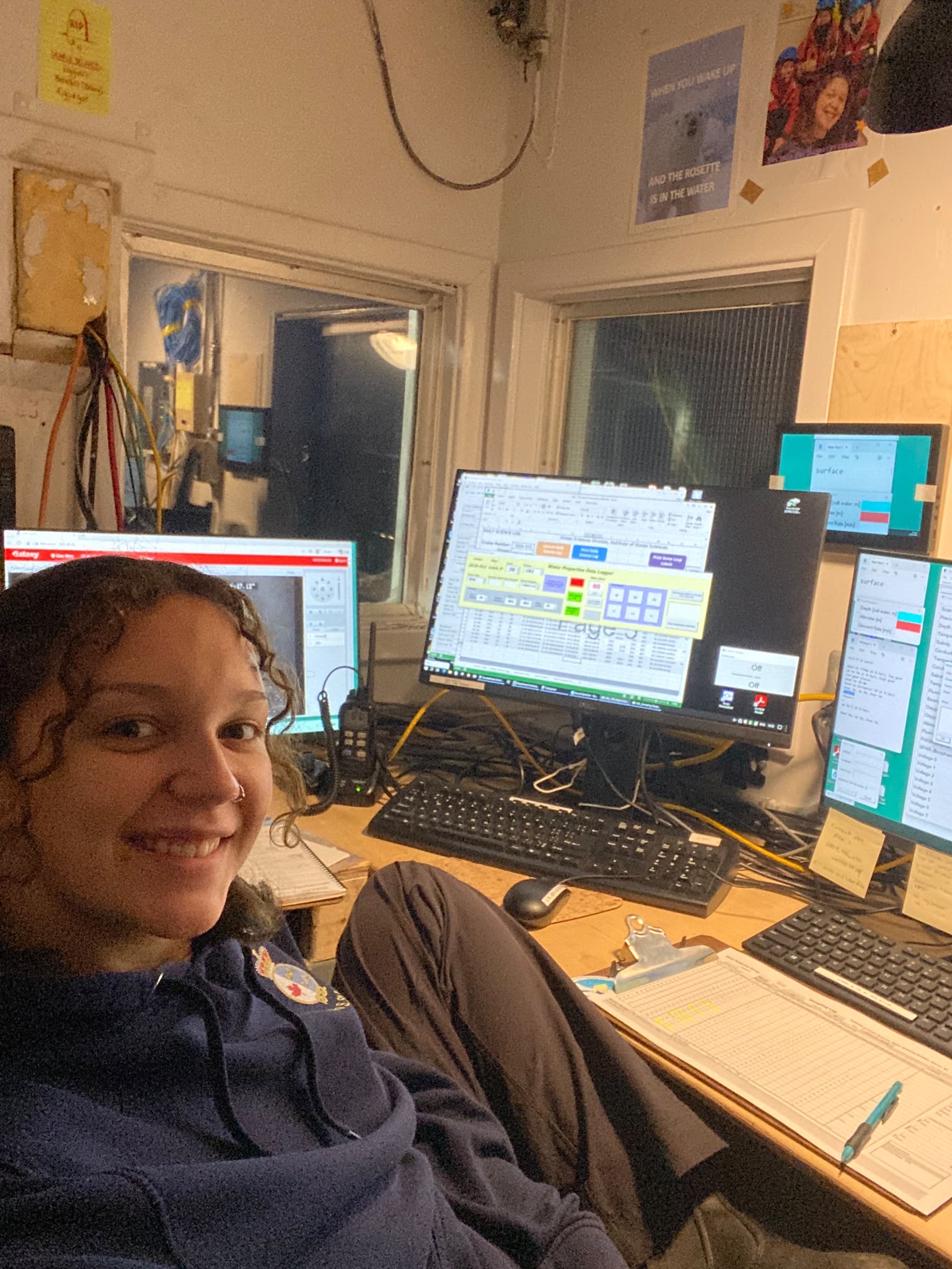 Collette Leclerc operating the computers during a CTD-rosette cast. Photo by Collette Leclerc. 