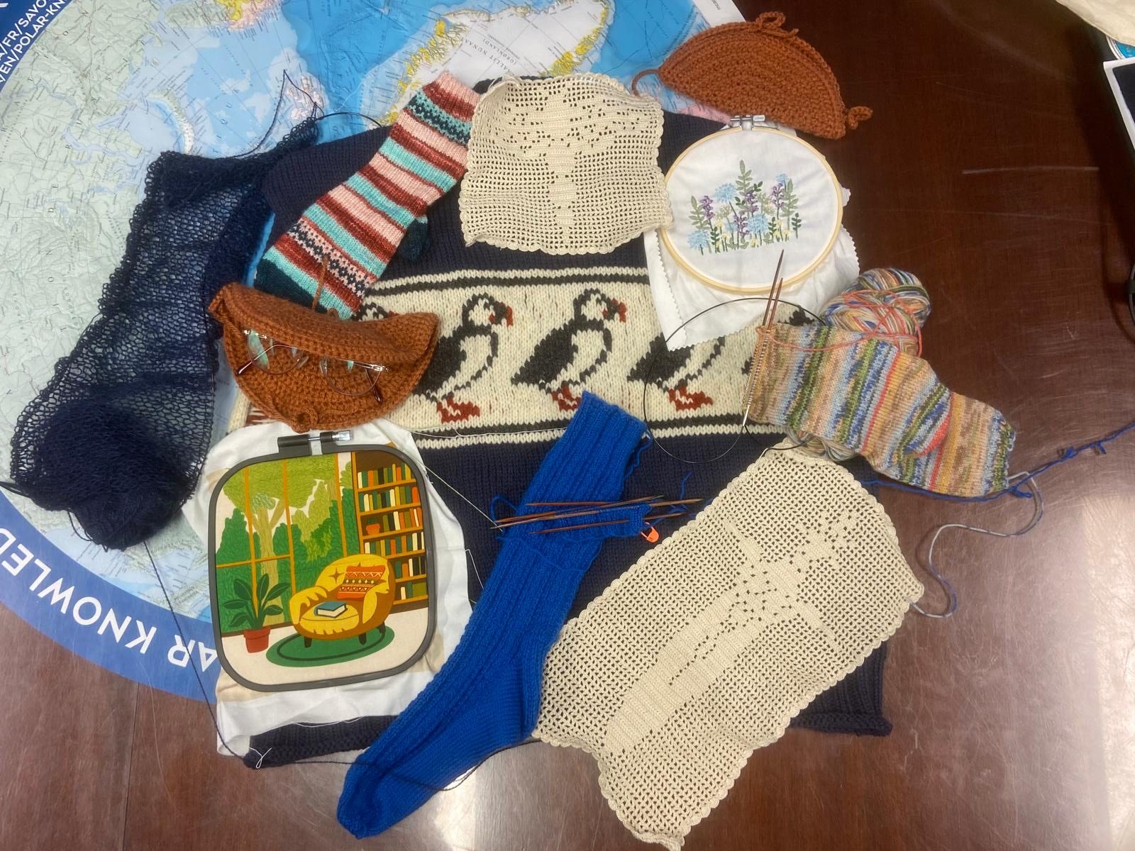Fiber art projects that have been completed during this year’s expedition. Photo by Collette Leclerc. 